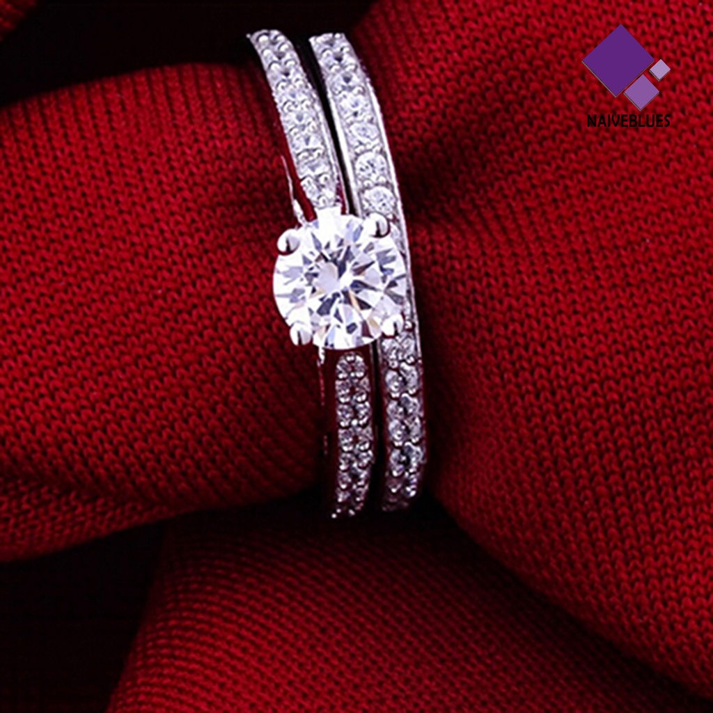 &lt; Naiveblues &gt; 2Pcs/Set Cincin Shiny Cubic Zirconia Plated Silver Cincin Pasangan Romantis Untuk