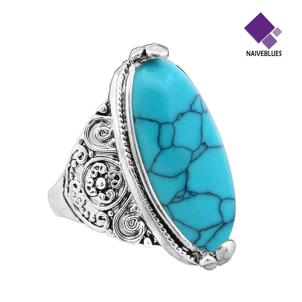 &lt; Naiveblues &gt; Wanita Boho Vintage Oval Pirus Antik Perhiasan Ukir Lapis Perak