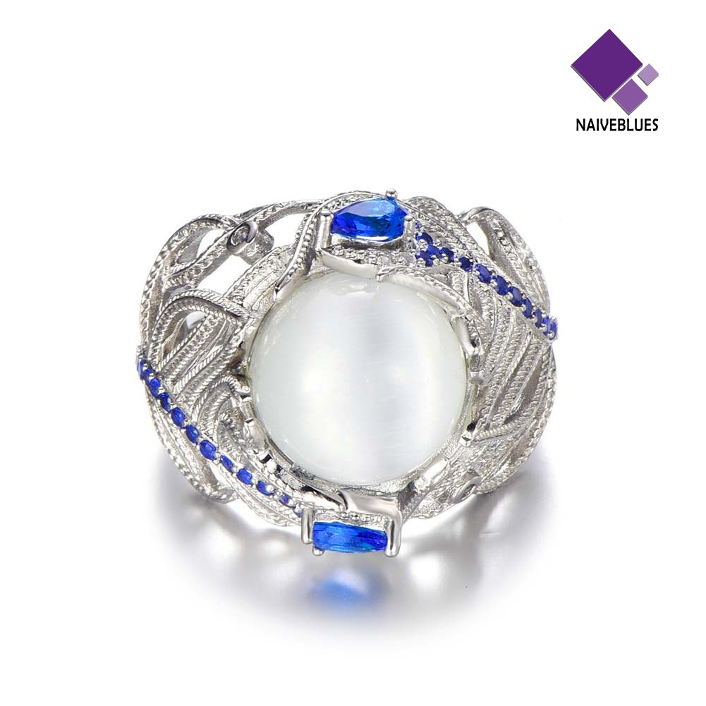 &lt; Naiveblues &gt; Wanita Faux Sapphire Opal Hias Bulu Merak Jari Cincin Perhiasan Hadiah