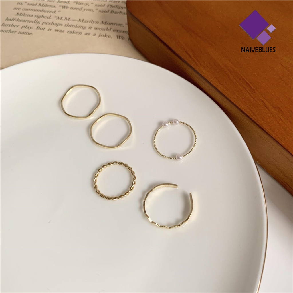 &lt; Naiveblues &gt; 5Pcs Cincin Jari Bergelombang Gaya Jepang Korea Mutiara Imitasi Set Electroplating Stackable Untuk Pesta