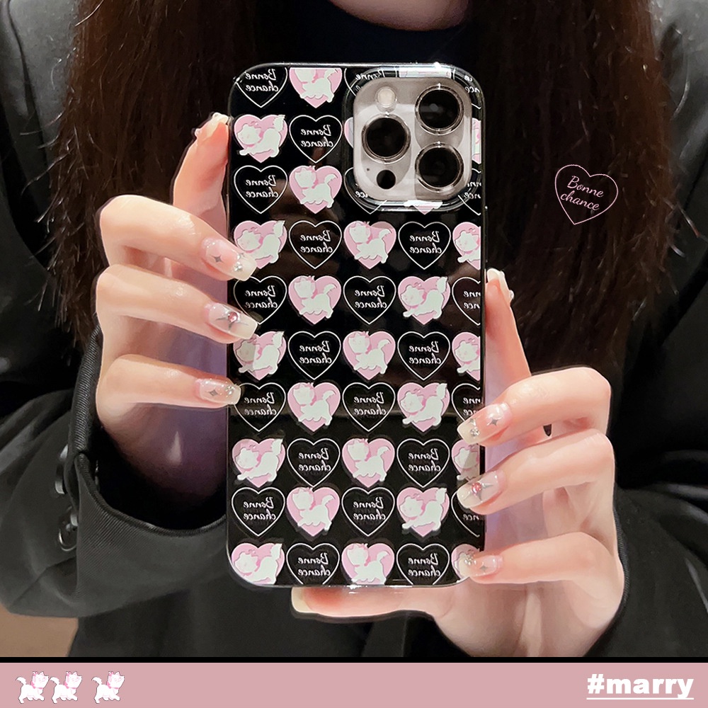 IPHONE Cover Casing Ponsel Hitam Bonne Chance Pink Love Heart Gaya Perancis Untuk Iphone7 8 PLUS X XR XS 11 12 13 14 MINI PRO MAX SE 2020