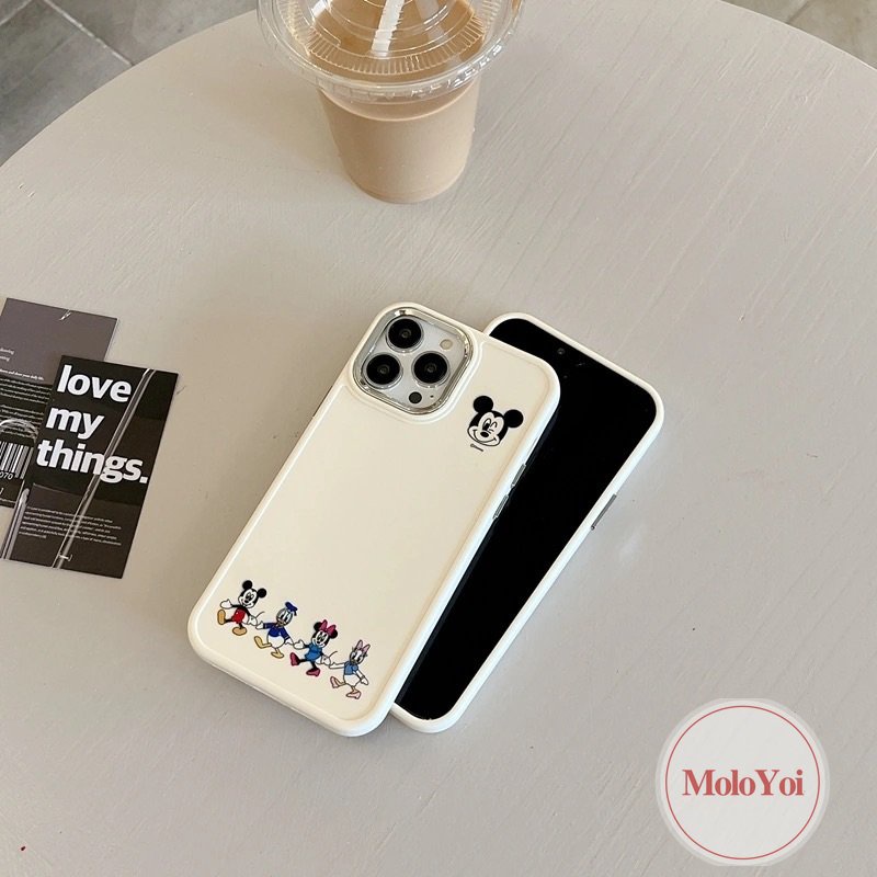 IPHONE Caroon Cute Disney Mickey Minnie Mouse Case Kompatibel Untuk Iphone11 12 13 14 Pro MAX X XR 7 8 Plus XS MAX Pasangan Winnie The Pooh Bear Mewah Plating Bingkai Lensa Metal Soft Cover