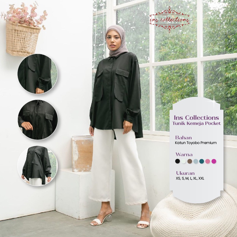 Tunik Kemeja Pocket Baju Atasan Muslim Wanita Casual Bahan Katun Toyobo Premium Warna Hitam , Putih 