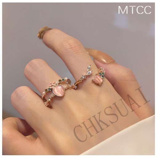 Cincin Bunga Wanita Ganda Hati Zirkon Terbuka Cincin Perempuan Desain Manis Niche Adjustable Ring