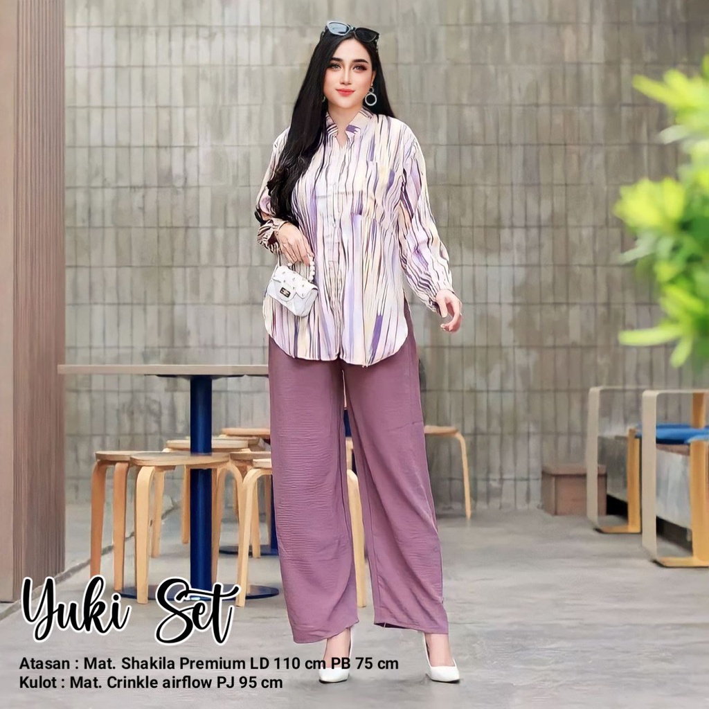 Yuki Set - One Set Wanita Shakila Twill Premium Setelan Baju Lengan 7/8 Set Celana Semi Kulot Kekinian LD 110 cm