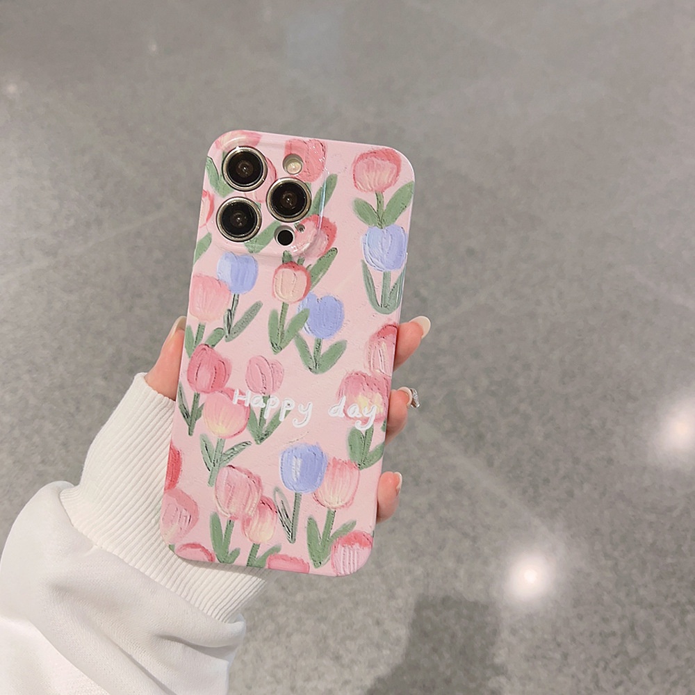 Ins A Sea of Pink Tulips Hard Shell Film Fotografi Case Untuk Iphone SE 2020 7 /8 Plus 14x XR XM 11 12 13 PRO MAX Casing Cover Pelindung AT0285