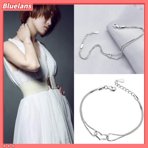 [BLS] Fashion Wanita Cinta Hati Liontin Perak Berlapis Dua Lapis Rantai Gelang