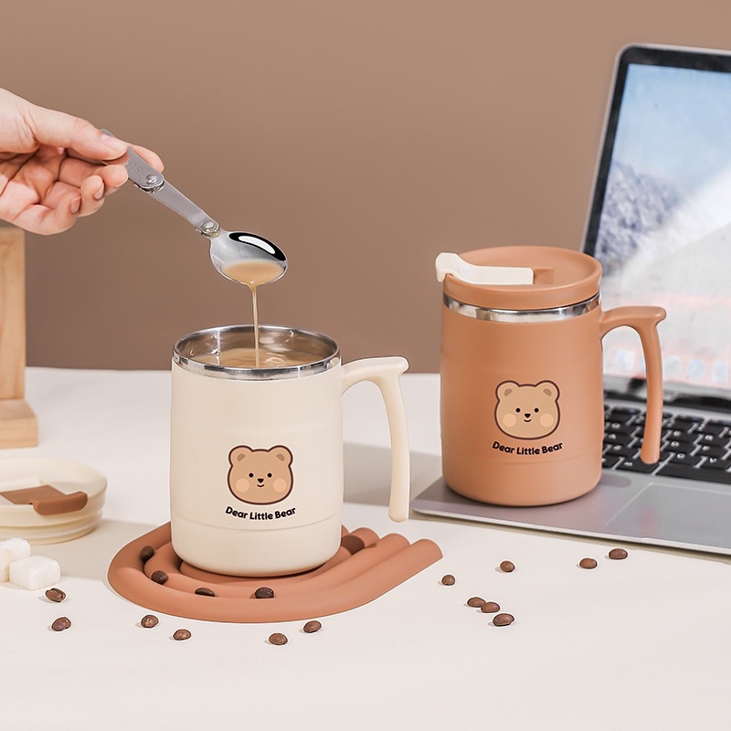 Glass Tumblr Aesthetic Moitf Bear Lucu / Gelas Minum STAINLESS Simple Elegan Water Bottle Cup for Coffee / Gelas STAINLESS 304 Dengan Penutup Premium