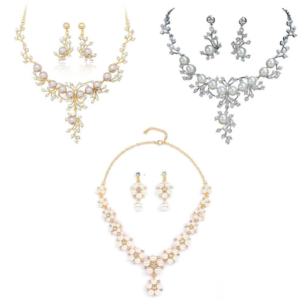 Needway  Set Perhiasan Perak Emas Mutiara Mewah Klasik Shiny Alloy Crystal Jewelry