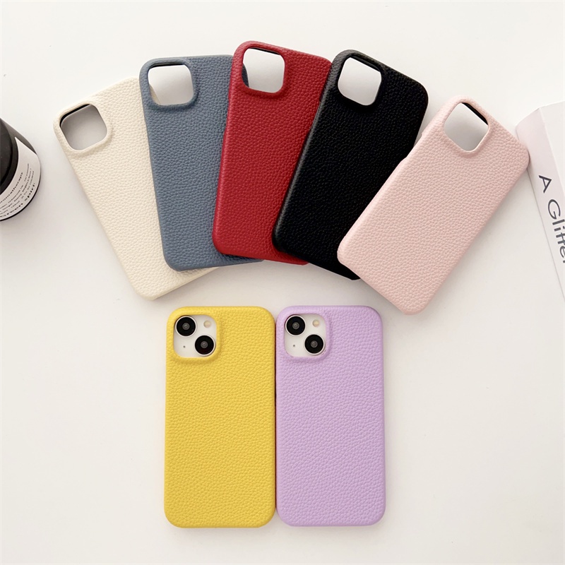 IPHONE Casing Ponsel Warna solid Bahan Kulit Untuk Iphone12 13 14 Pro max hard case Tipis Dan Ringan14 plus Casing PC non-slip Tepi Lurus Minimalis Apple12