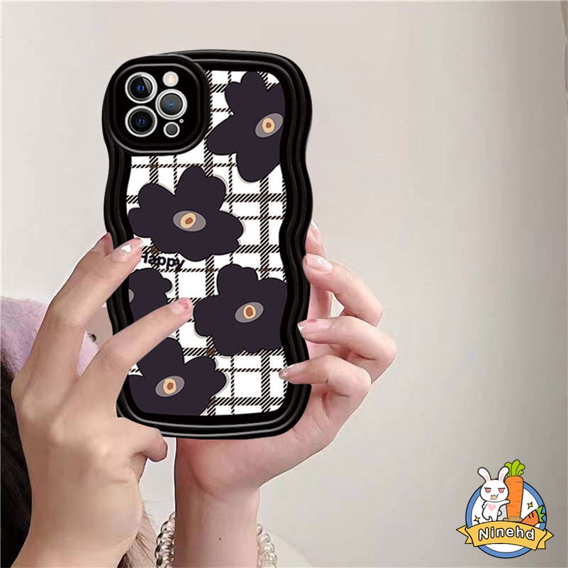 IPHONE Casing Kompatibel Untuk Iphone14 13 12 11 Pro Max X Xr Xs Max8 7 6 6s Plus SE 2020 Retro Hitam Camellia Bertekstur Tepi Gelombang Casing Ponsel Cakupan Penuh Perlindungan Lensa Shockproof Case