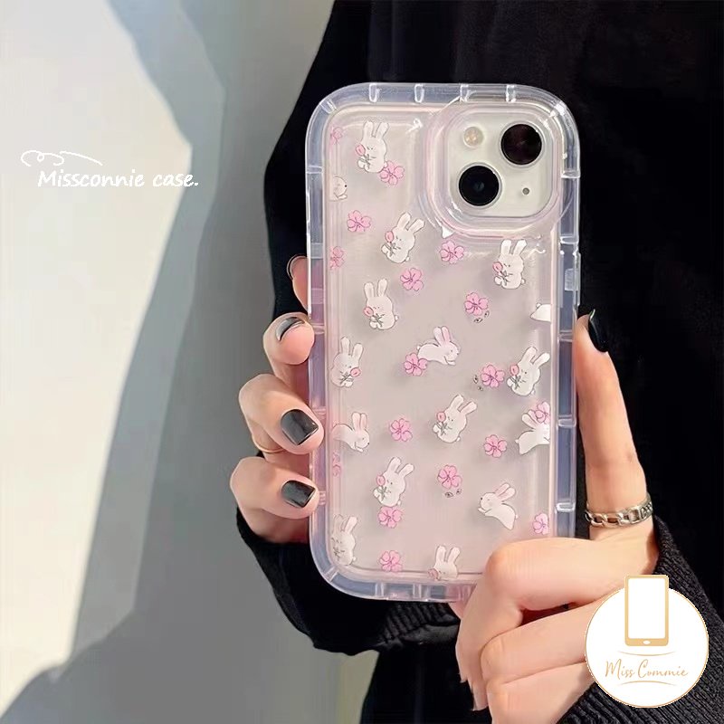 Casing Ponsel Kelinci Kartun Lucu Kompatibel Untuk IPhone 7Plus 11 14 13 12 11 Pro MAX 6 6S 7 8 Plus XR X XS MAX Ins Fresh Flower Rabbit Shockproof Clear Soft Airbag Back Cover