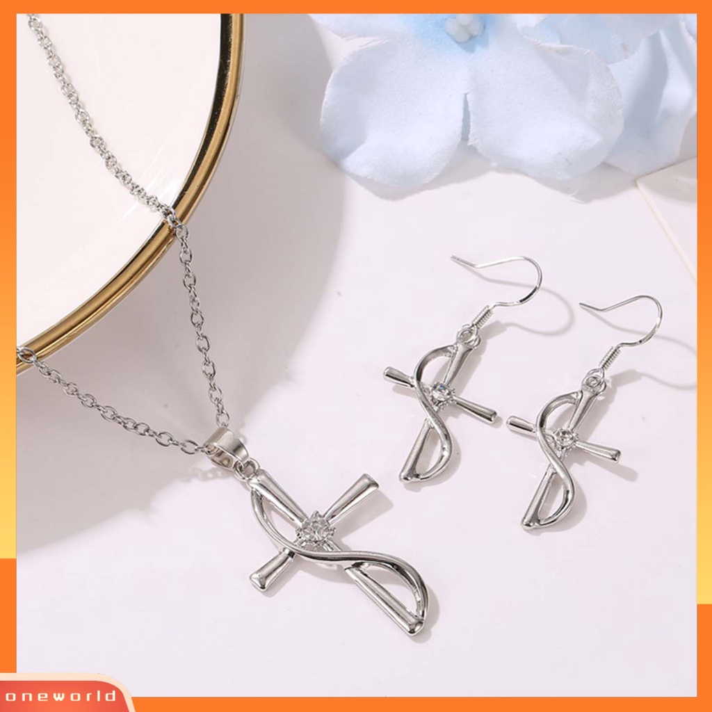 [ONE] Liontin Kalung Salib Kepang Cubic Zirconia Electroplated Ringan Necklace Hook Earrings Untuk Pernikahan