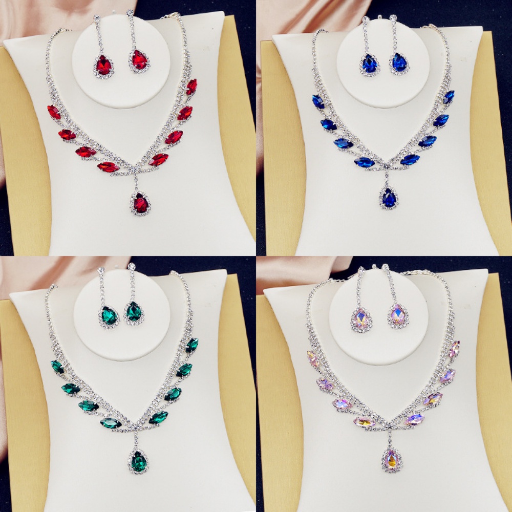 Fashion Pengantin Wanita Kalung Set Serbaguna Kristal Warna-Warni Kerah Rantai Anting Dua Potong Set