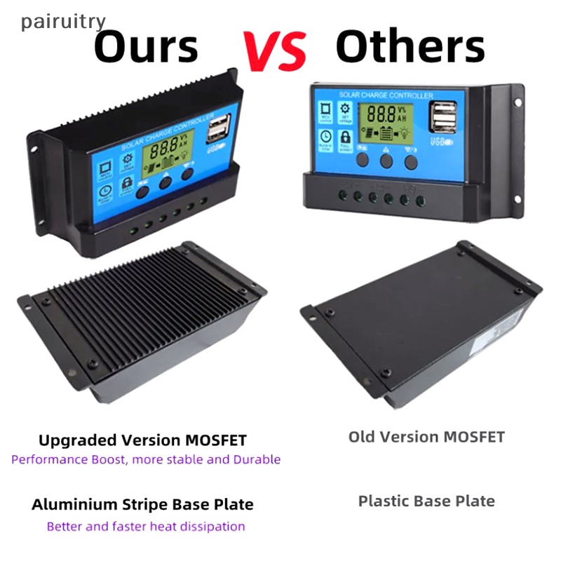 Prt Upgraded 10A 20A 30A Solar Controller 12V /24V Auto Solar Panel PV Regulator PWM Charger 5V Output LCD Display Dual USB PRT