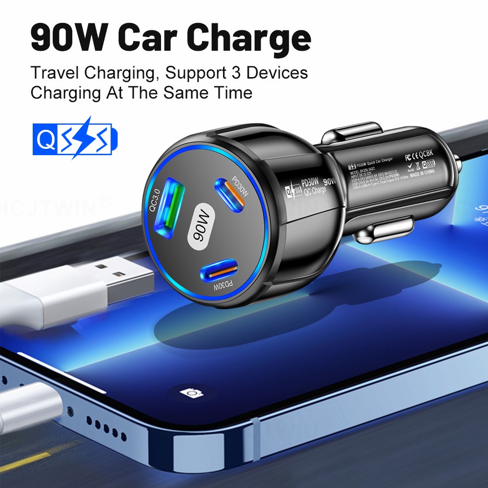 3-port 90W USB PD Charger Mobil PD30W QC3.0 Adaptor Telepon Tipe C Pengisian Cepat Charger Mobil Universal Untuk Ponsel Laptop Tablet Aksesoris Mobil