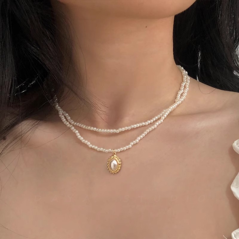 Roselife Retro Double Layer Baroque Pearl Beaded Oval Pearl Pendant Kalung Pendek Untuk Wanita Perempuan Pearl Necklace