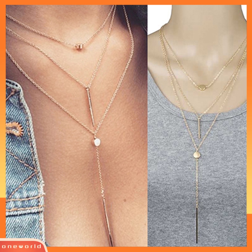 [WOD] Kalung Rantai Mewah Liontin Bar Tiga Lapis Bahan Alloy Untuk Pacaran