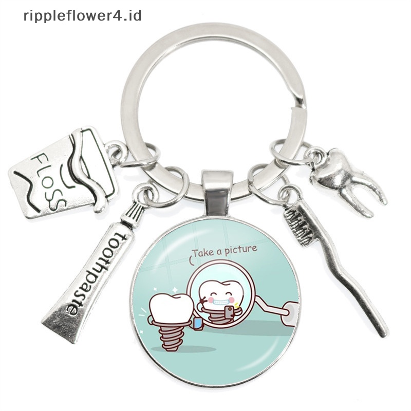 {rippleflower4.id} Baru Kreatif Lucu Motif Gigi Kartun Medali Gantungan Kunci Kubah Kaca Liontin Gantungan Kunci Hadiah Perawatan Keychain~