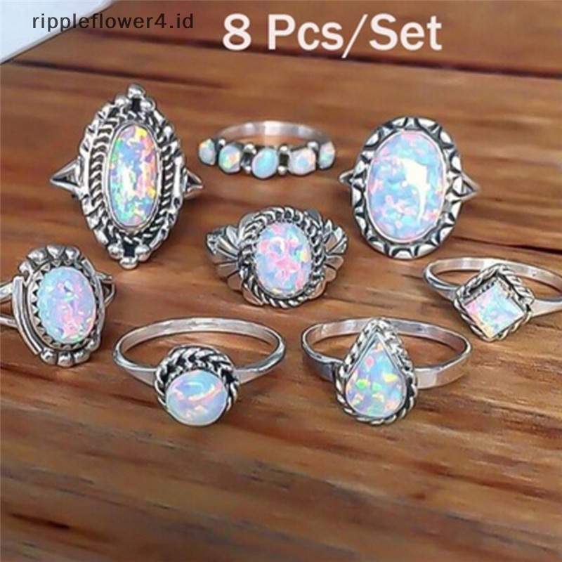 {rippleflower4.id} 8pcs /Set Cincin Perak Putih Api Opal Cincin Kawin Tunangan Cincin Wanita Perhiasan~