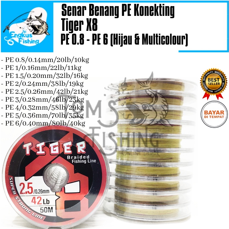 Senar Benang Pancing PE TIGER X8 Braid 50M/Roll (PE 0.8-PE 6) Multicolor Murah - Engkus Fishing