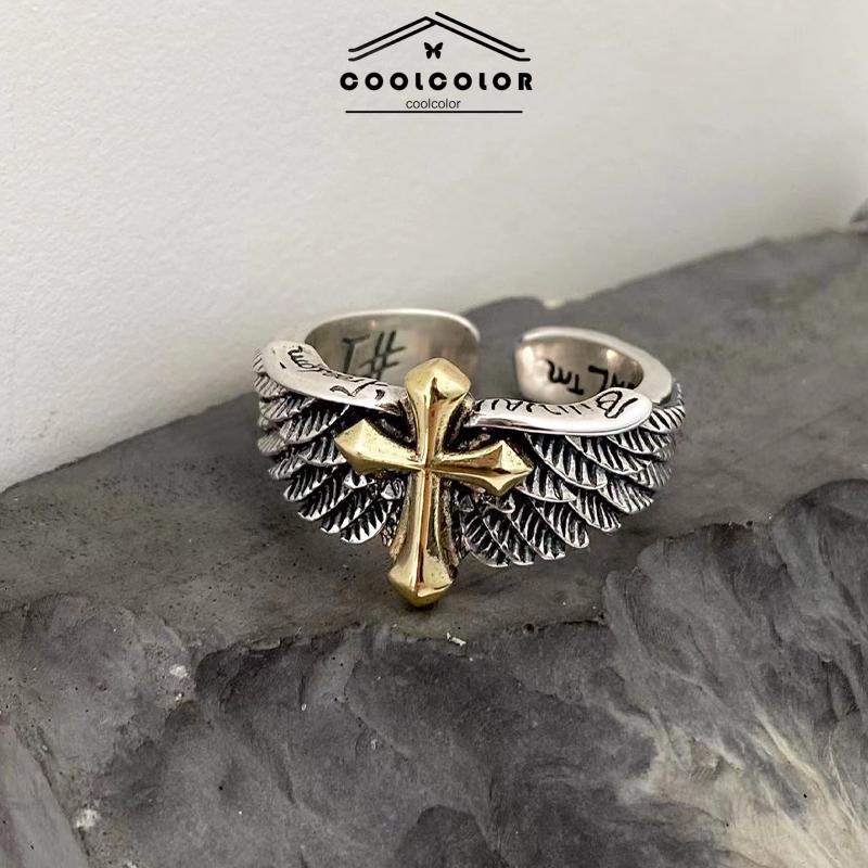 COD❤️Cincin Pria Vintage Wings Cross Grafiti Surat Terbuka Cincin Pribadi- cl