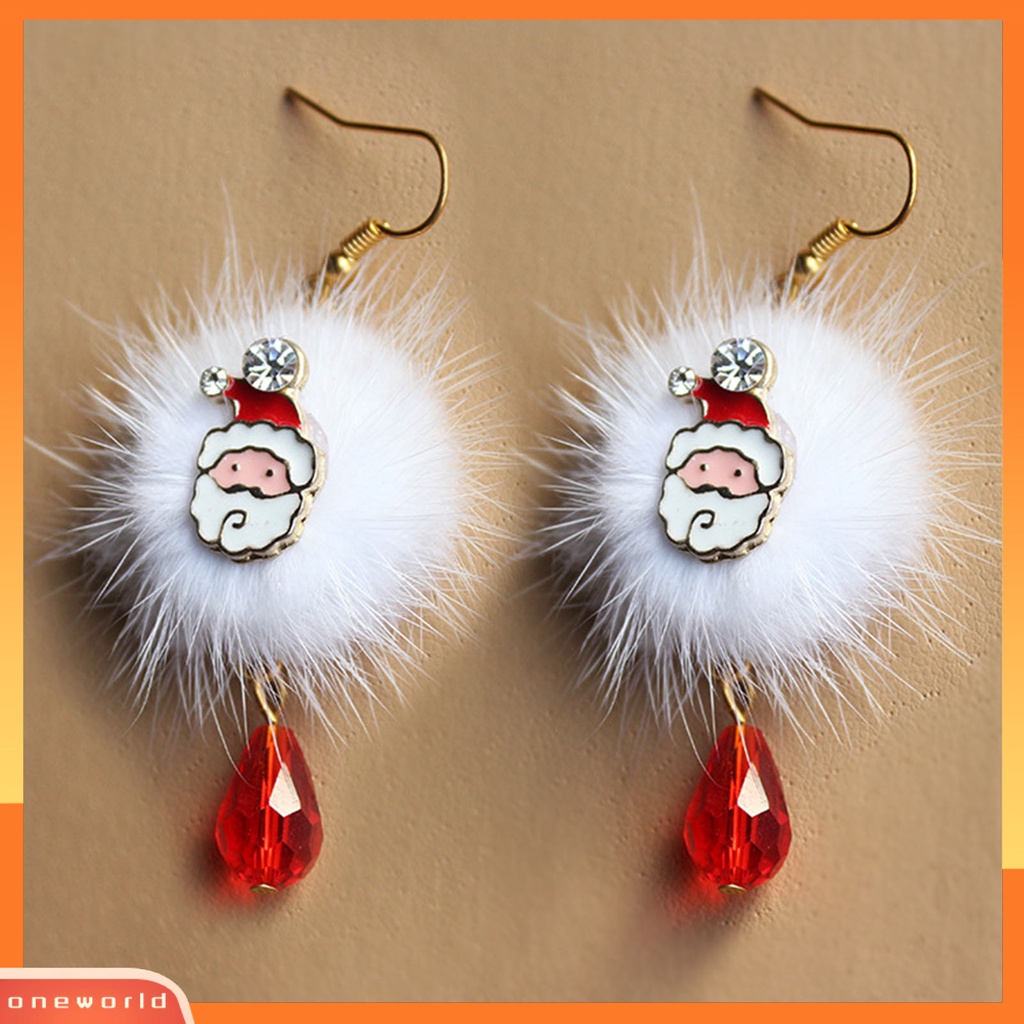 [WOD] 1pasang Putih Mewah Bola Merah Berlian Imitasi Xmas Anting Alloy Santa Claus Elk Pendant Hook Earrings Fashion Perhiasan