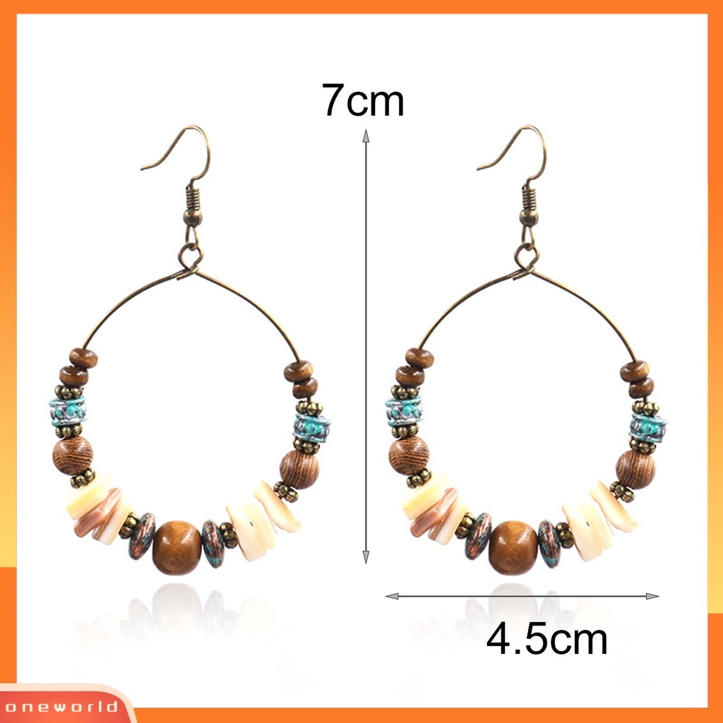 [WOD] 1pasang Shell Berlebihan Retro Anting Paduan Manik-Manik Kayu Bulat Anting Boho Fashion Perhiasan