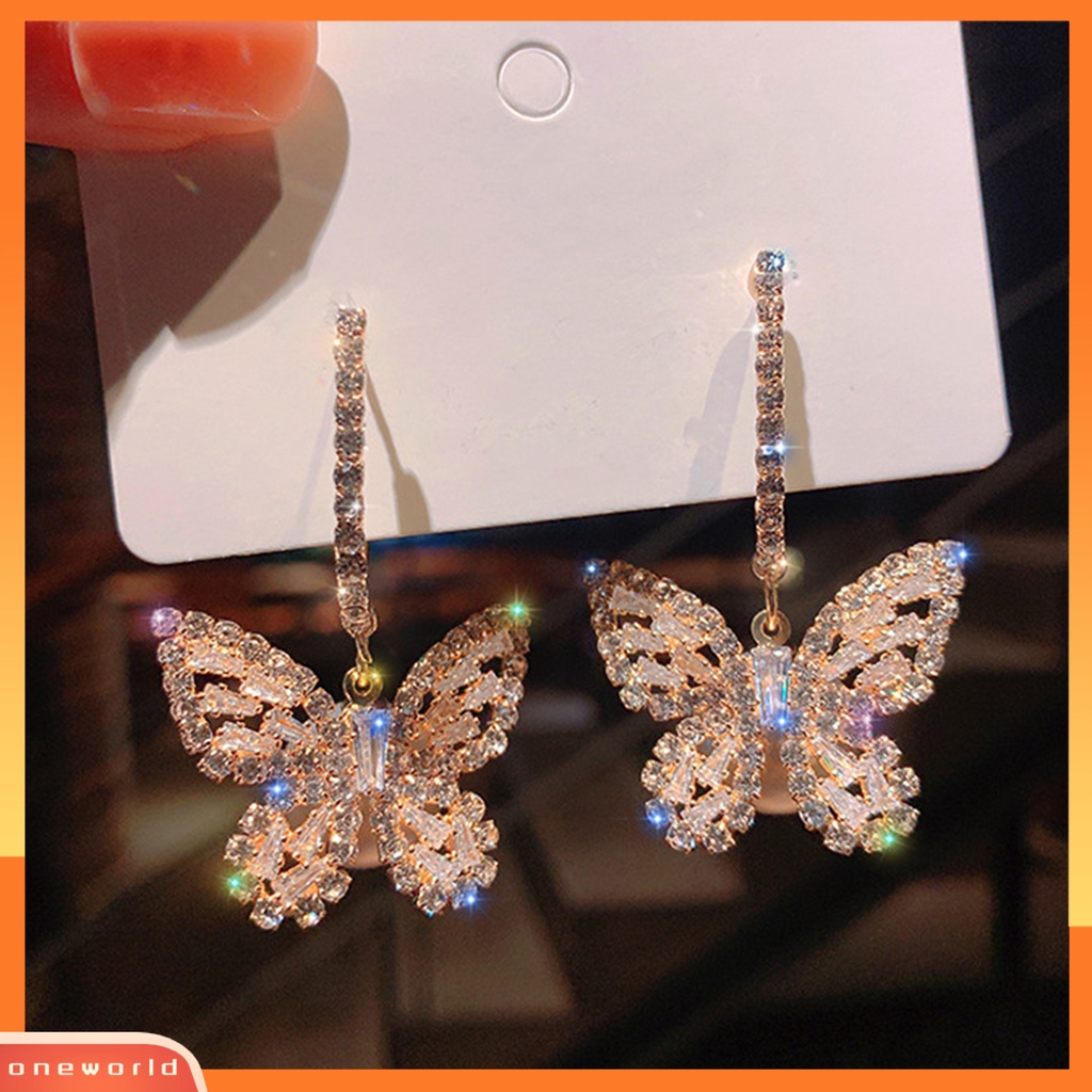 [WOD] 1pasang Anting Wanita Berlian Imitasi Mengkilap Bentuk Kupu-Kupu Anting Menjuntai Indah Untuk Hadiah