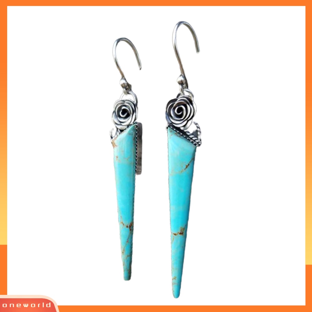 [WOD] Vintage Wanita Mawar Imitasi Pirus Segitiga Menjuntai Ear Hook Earrings Perhiasan