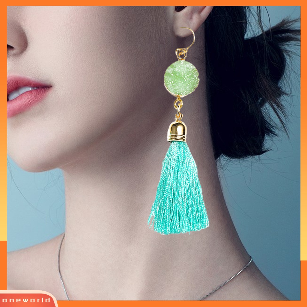 [WOD] 1pasang Anting Kait Bohemian Katun Ringan Garis Pinggiran Desain Menjuntai Earrings Aksesoris Telinga