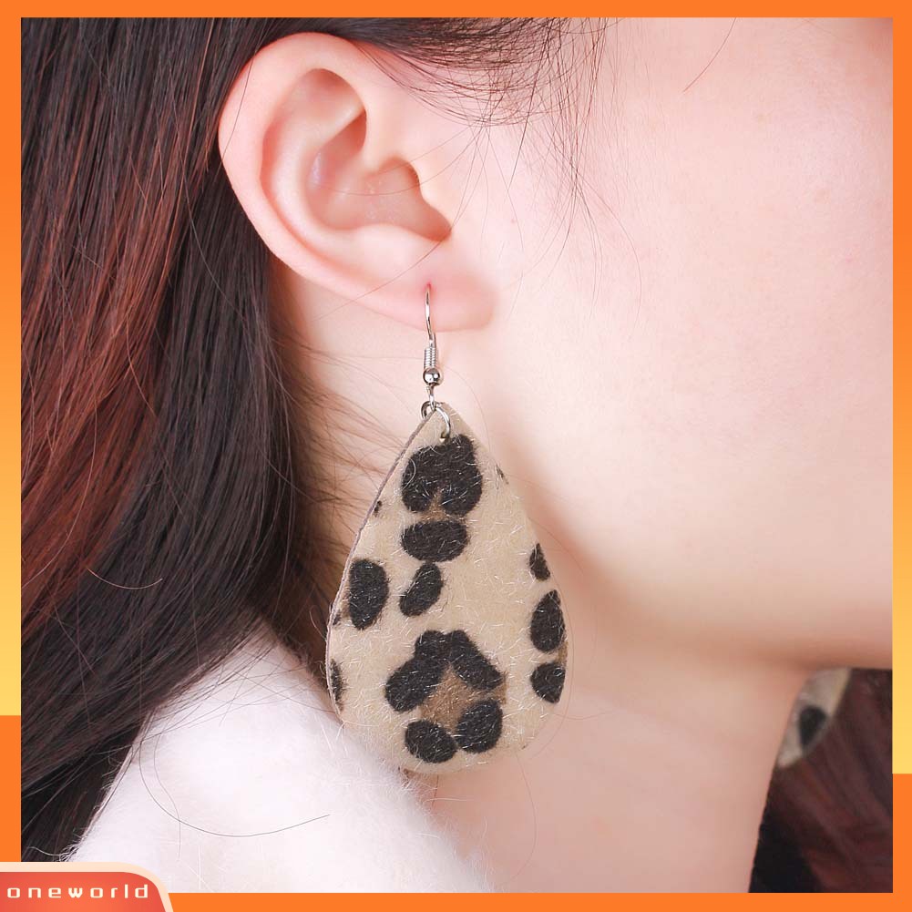 [WOD] Wanita Berongga Leopard Dot Print Kulit Imitasi Teardrop Kait Anting Perhiasan Hadiah