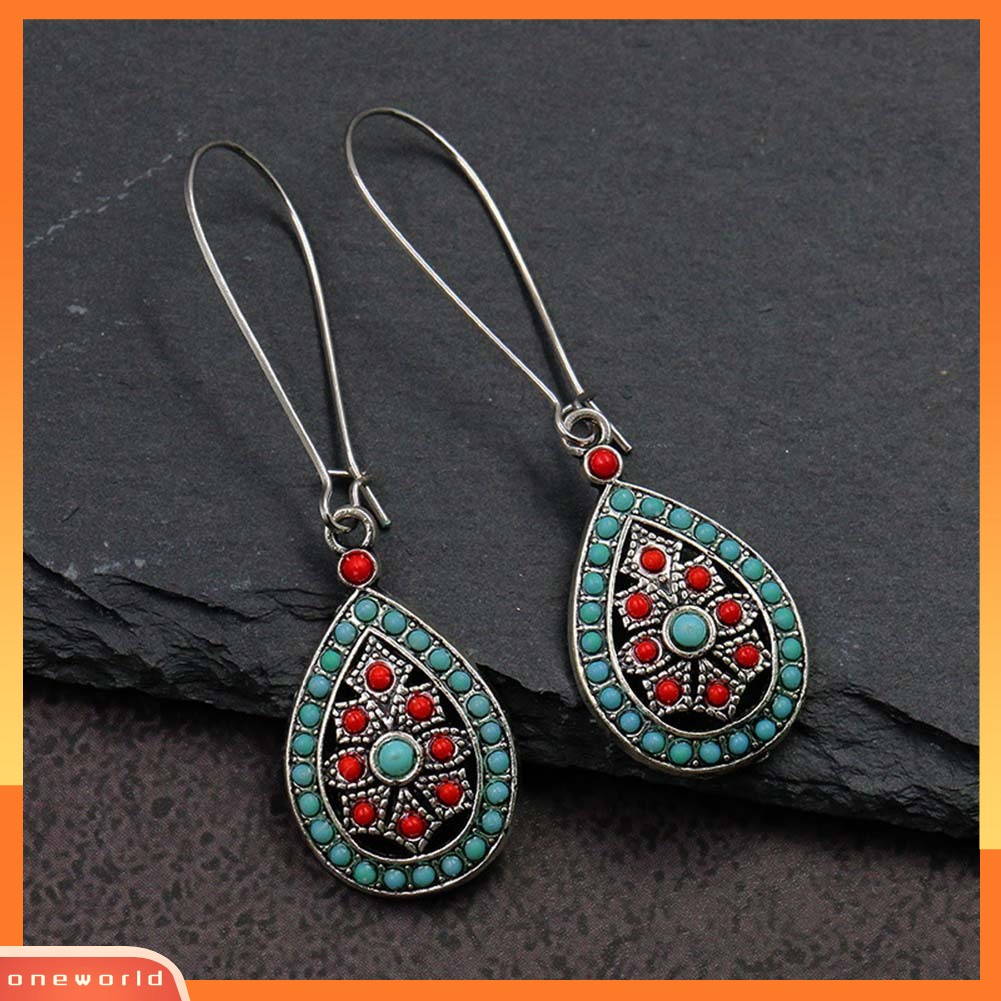 [WOD] Bohemian Wanita Manik-Manik Faux Turquoise Hias Hollow Teardrop Menjuntai Kait Anting