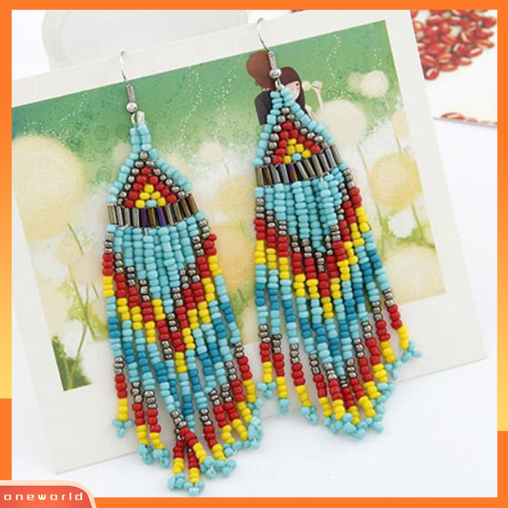 [WOD] Bohemian Wanita Pesta Multicolor Beads Drop Menjuntai Statement Earrings Perhiasan