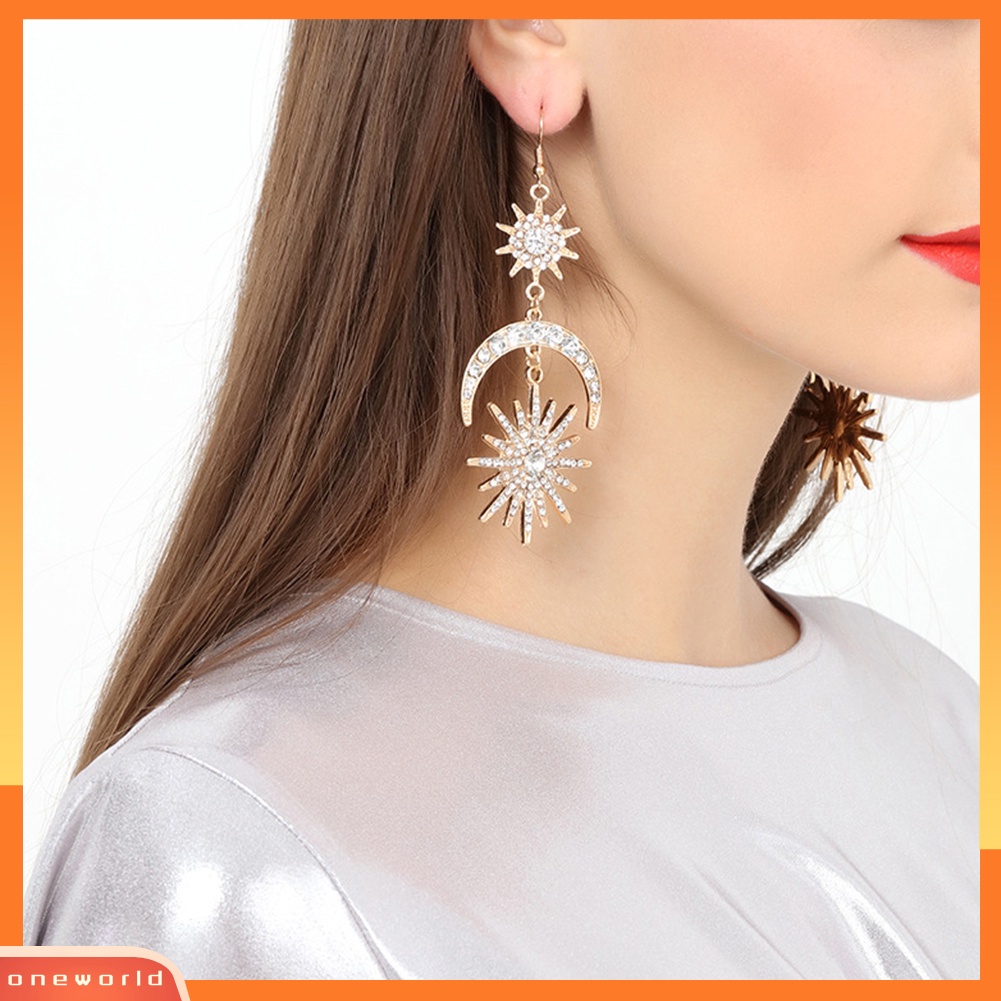 [WOD] Mewah Matahari Bulan Drop Anting Berlian Imitasi Mengkilap Ear Hook Boho Statement Jewelry