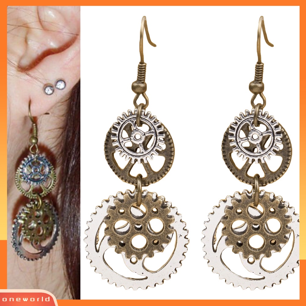 [WOD] Steampunk Antik Wanita Gear Liontin Menjuntai Kait Panjang Anting Club Perhiasan