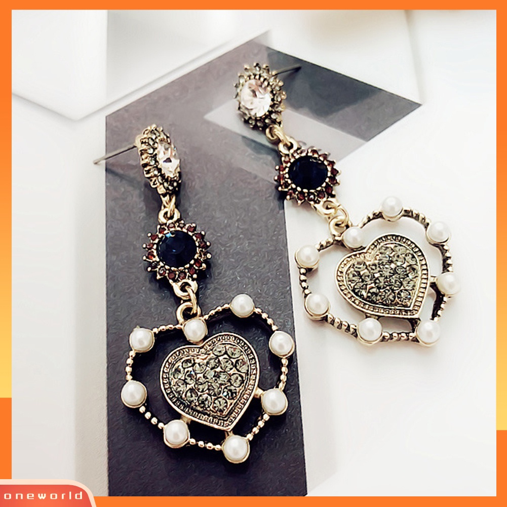 [WOD] Vintage Wanita Mutiara Imitasi Berlian Imitasi Jantung Telinga Drop Menjuntai Anting Perhiasan Hadiah