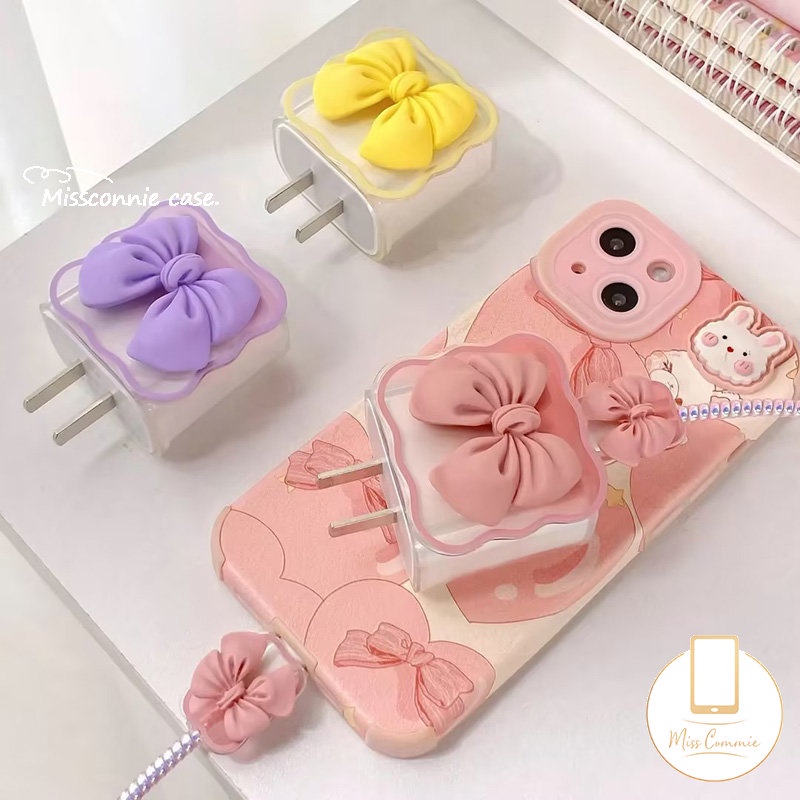 Kartun 3D Ikatan Simpul Gradien Macaron Warna Permen Bergelombang Pinggiran Charger Pelindung Set Kompatibel Untuk Apple 18/20W Adaptor Charger Dengan Penutup Pelindung Gigitan Kabel