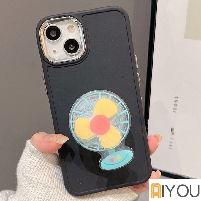 Lucu 3D Dapat Berputar Kipas Bracket Phone Grip Tok Griptok Korea Holder Ring Untuk iPhone 14 13 12 11 Pro Max Dengan Lensa Plating Tombol Lembut TPU Belakang Shockproof Cover