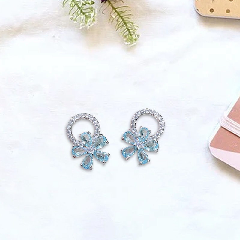 Anting Stud Bunga Cubic Zirconia Biru Muda Untuk Perempuan Warna Silver Temperamen Wanita Manis Earrings Statement Jewelry