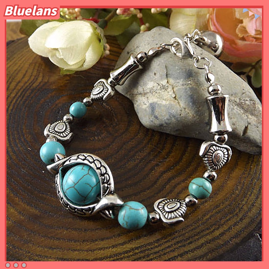 [BLS] Kupu-kupu Dekorasi Adjustable Unisex Gelang Alloy Handmade Turquoises Beads Retro Gelang Perhiasan Aksesoris