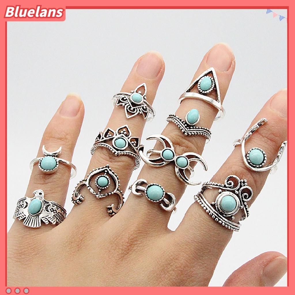 [BLS] 11 Pcs Berongga Bulu Stackable Knuckle Rings Gaya Etnik Bunga Faux Permata Jari Rings Perhiasan Aksesori