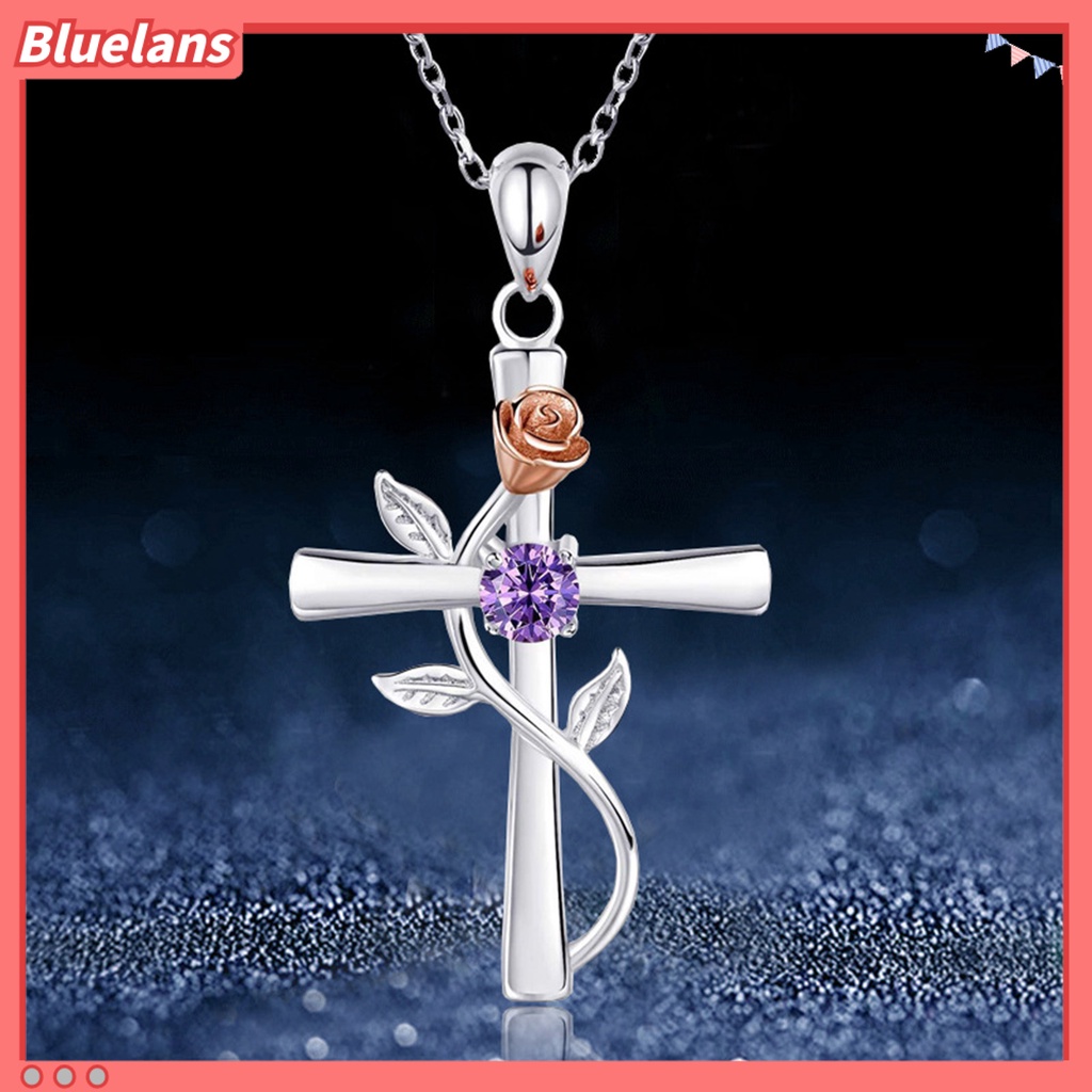 [BLS] Kalung Wanita Novelty High Gloss Silver Plated Cross Rose Flower Kalung Rantai Berlian Imitasi Mengkilap Untuk Pesta