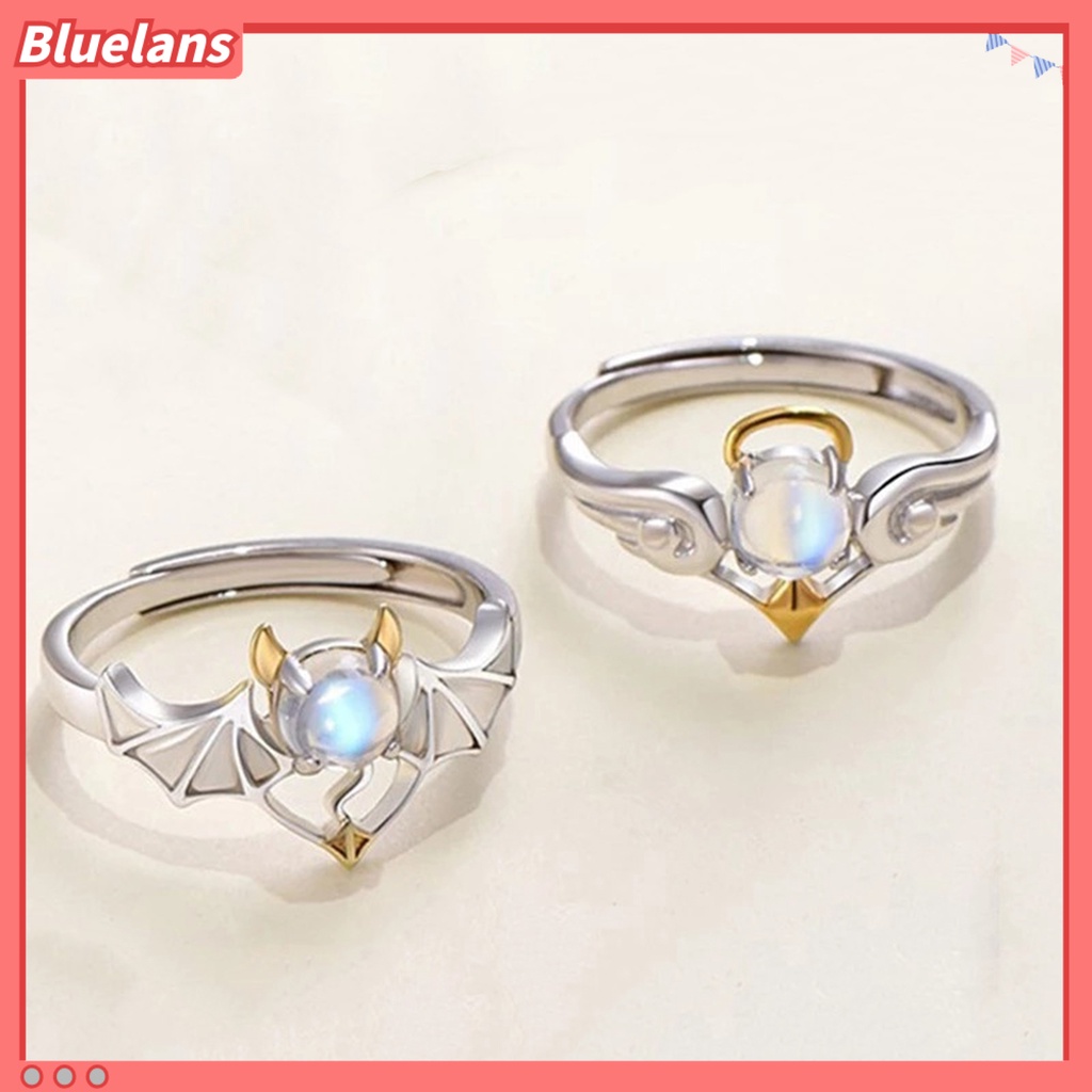 [BLS] Cincin Pasangan Sudut Dan Setan Pembukaan Bulan Batu Adjustable Berongga Keluar Jari Dekorasi Stainless Warna Kontras Lady Finger Ring Jewelry