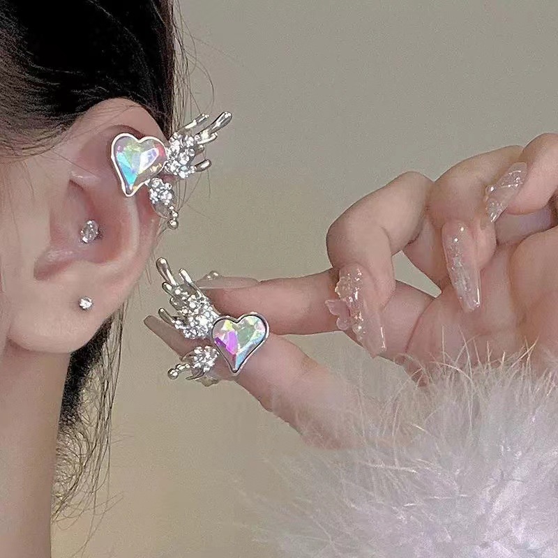 Mornin Fashion Warna-Warni Cinta Hati Sayap Anting-Anting Paduan Tulang Klip Trendi Punk Lucu Kristal Berlian Imitasi Telinga Manset Untuk Wanita Gadis Perhiasan id