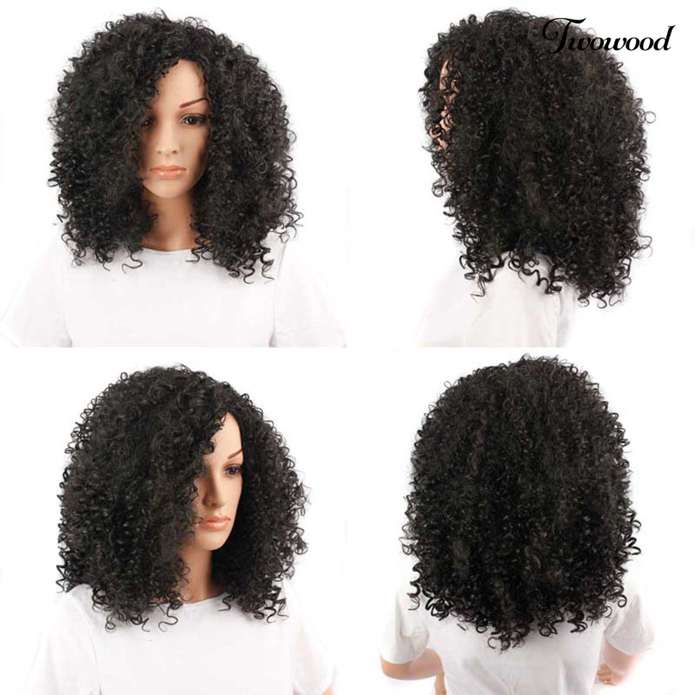 Twowood Wanita Fashion Afrika Hitam Pendek Keriting Bergelombang Rambut Tahan Panas Wig Sopak