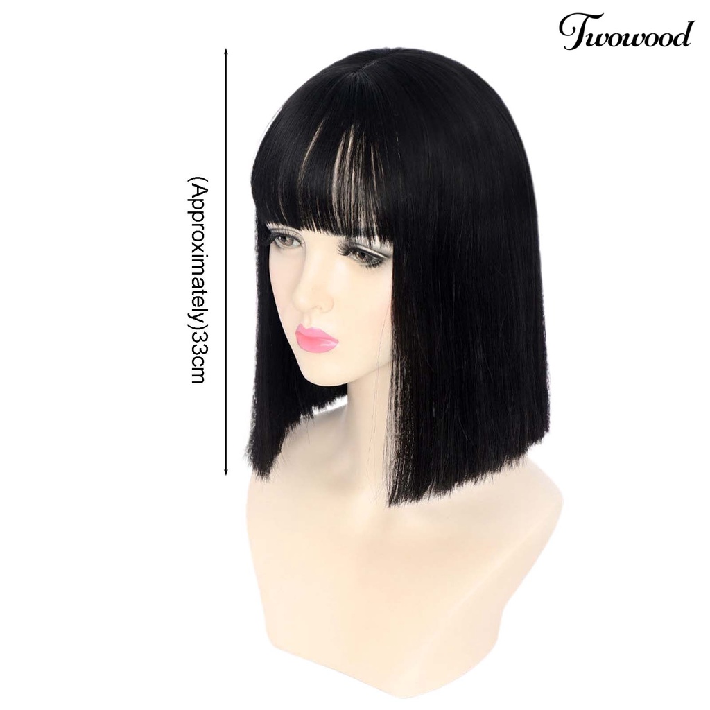 Twowood Jisheng Wig Lurus Ketat Warna Alami Wig Bob Lurus Pendek Serat Suhu Tinggi Dengan Bang Untuk Anak Perempuan