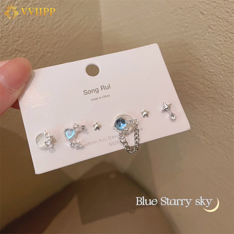 6pcs/set Anting Perak Set Untuk Wanita Biru Langit Berbintang Bintang Kristal Rantai Stud Earings Aksesoris Perhiasan