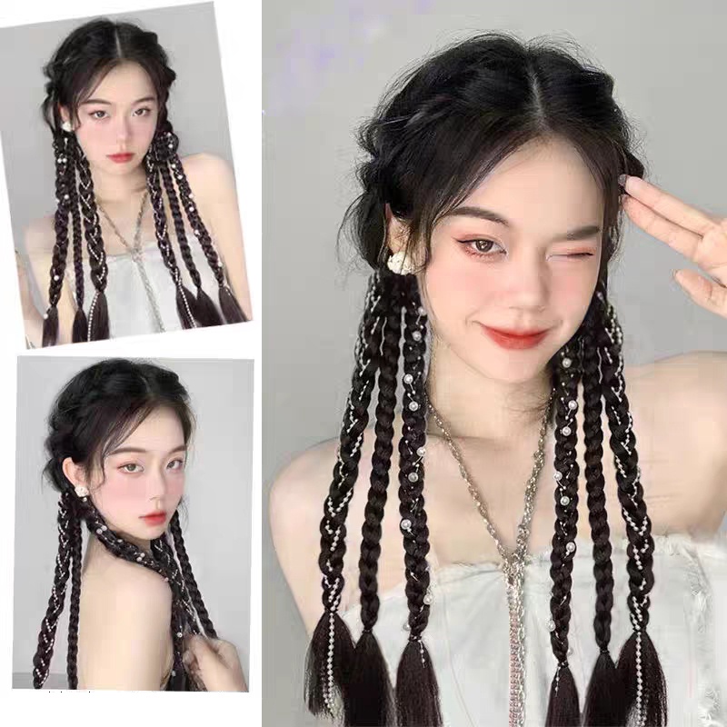 Wig Twist Kepang Ikat Rambut Scrunchie Cewek Panjang Ponytail Kepang Tali Rambut Aksesoris Rambut Wanita