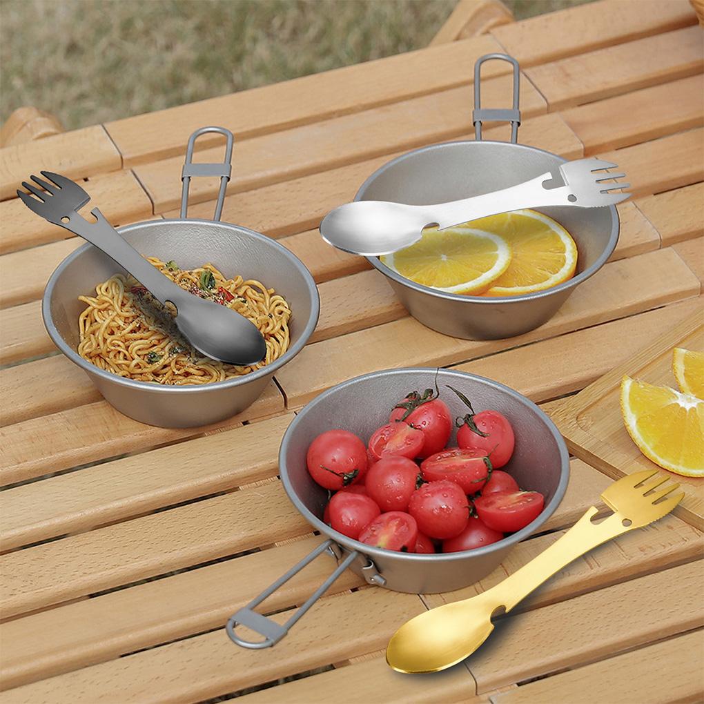 Spork Multifungsi Stainless Steel 5in1 Pisau Sendok Gantungan Kunci Pembuka Botol Alat Makan Untuk Camping Piknik Utensil